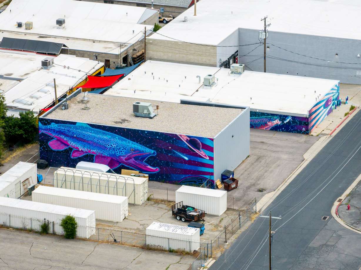 Parts of Chris Peterson’s "Space Trout and Utopia Mural Project" in Salt Lake City on June 5. The winners of a statewide contest run by Wildlife Walls will be part of a traveling exhibit lasting through 2026.