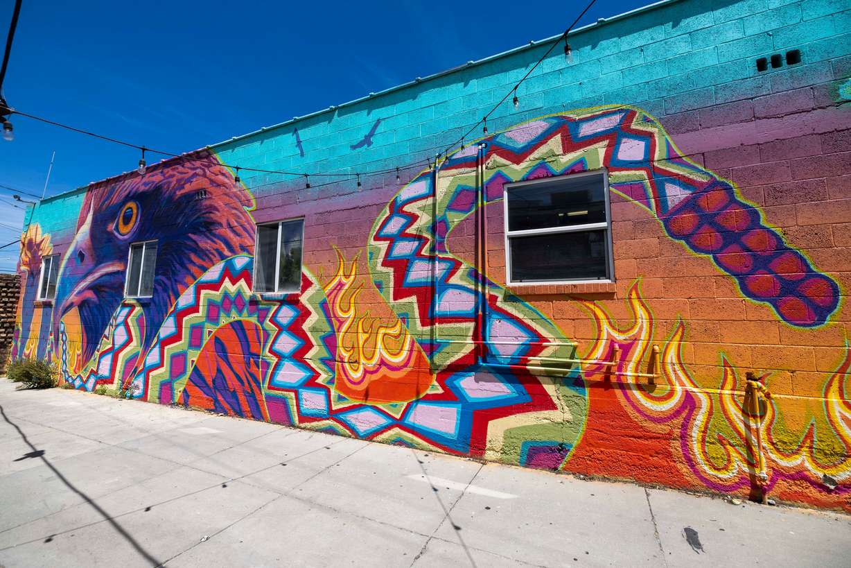 Chris Peterson’s "Aguila de Fuego" mural is pictured in Midvale on June 4. Peterson ensures each mural he creates is relevant to the community.
