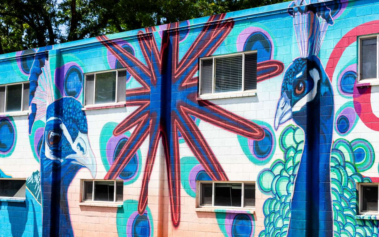 Chris Peterson’s "Sugar House Peacocks" mural is pictured in Salt Lake City on June 4. Interest in the project is continuing to grow, Peterson said, with 14 murals already painted across the state.