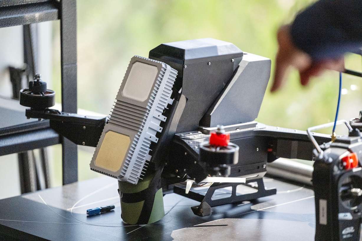 A radar module is displayed on a DroneHunter at Fortem Technologies' opening of its advanced manufacturing headquarters in Lindon on Tuesday. The DroneHunter uses radars similar to those found on fighter jets.