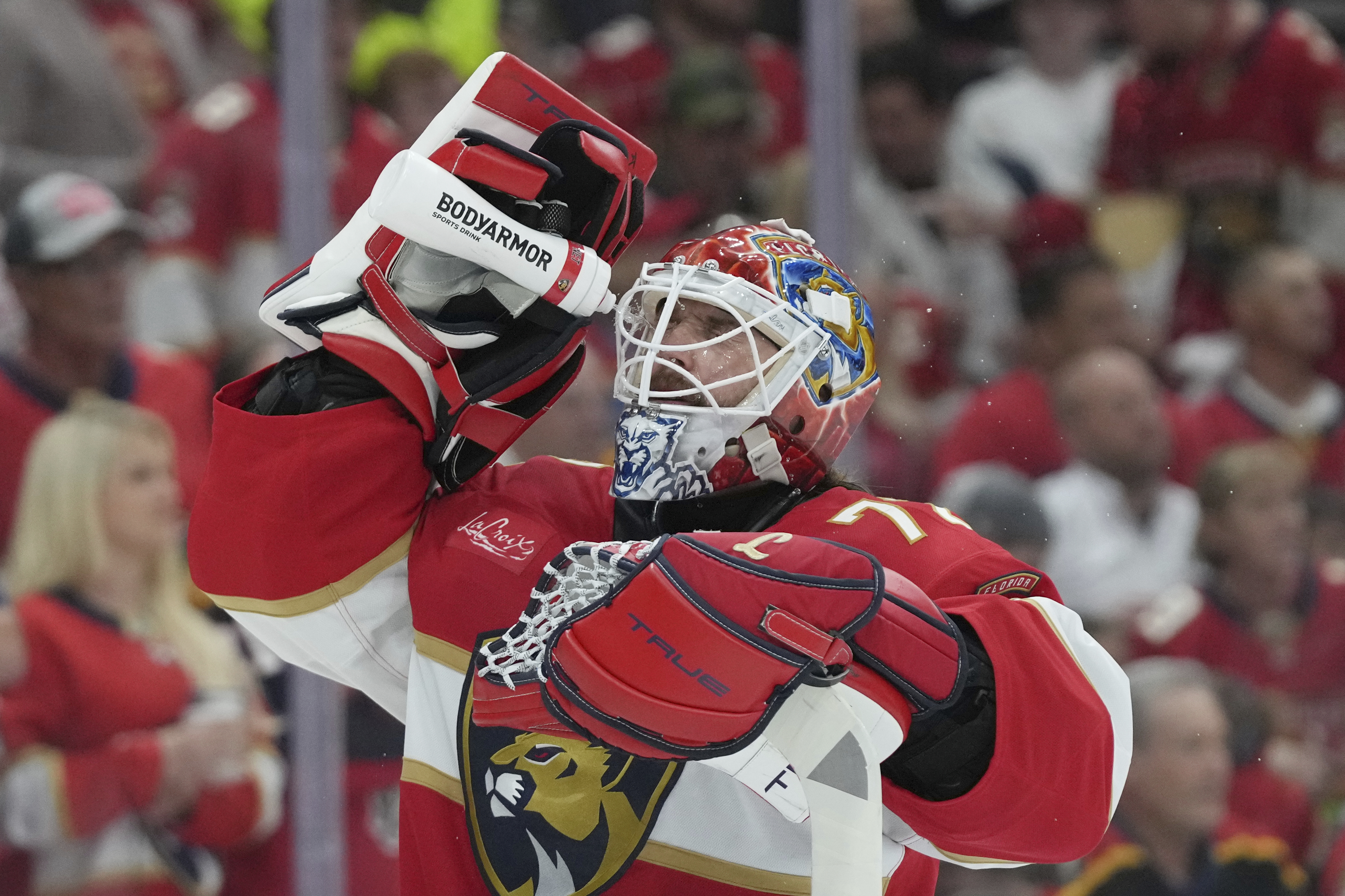 Florida Panthers goaltender Sergei Bobrovsky (72) takes a break during the first period of Game 6 of the NHL hockey Stanley Cup Final against the Edmonton Oilers, Tuesday, June 17, 2025, in Sunrise, Fla.