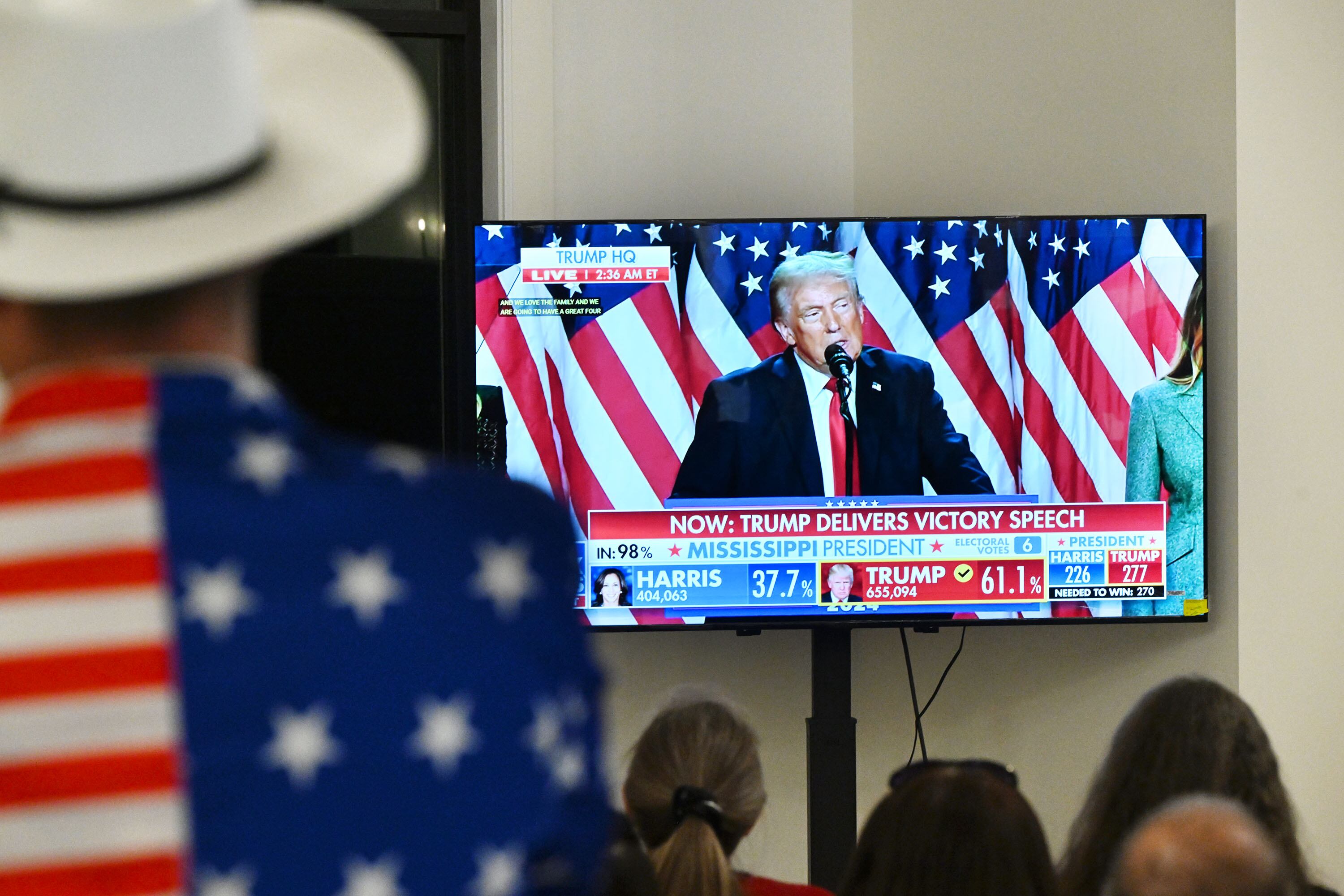 Utah GOP supporters watch as then-President-elect Donald J. Trump delivers his victory speech on TV as they gather in Draper on Nov. 6, 2024. A new poll shows Trump still remains popular with Republicans in Utah.