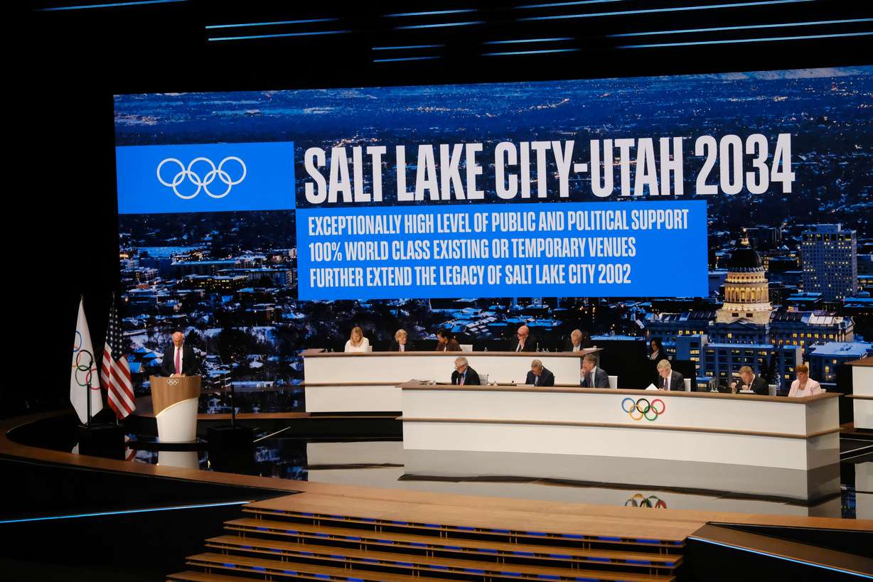 Karl Stoss, Future Host Commission for the Olympic Winter Games chair, speaks on July 24, 2024, in Paris, France. Utah's host contract includes a clause for the IOC to terminate hosting rights if the authority of the World Doping Agency is not upheld.