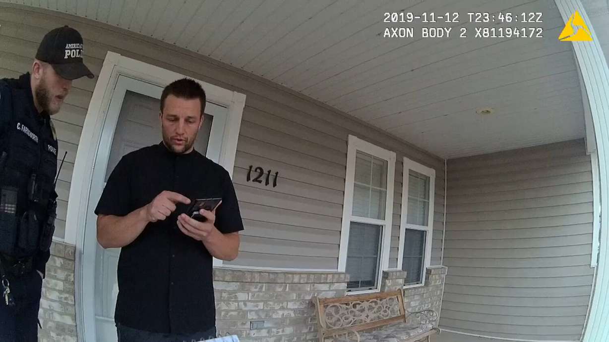 Brandon Boudreaux showing an American Fork police officer security footage of Melani Pawlowski at the house on Nov. 12, 2019.