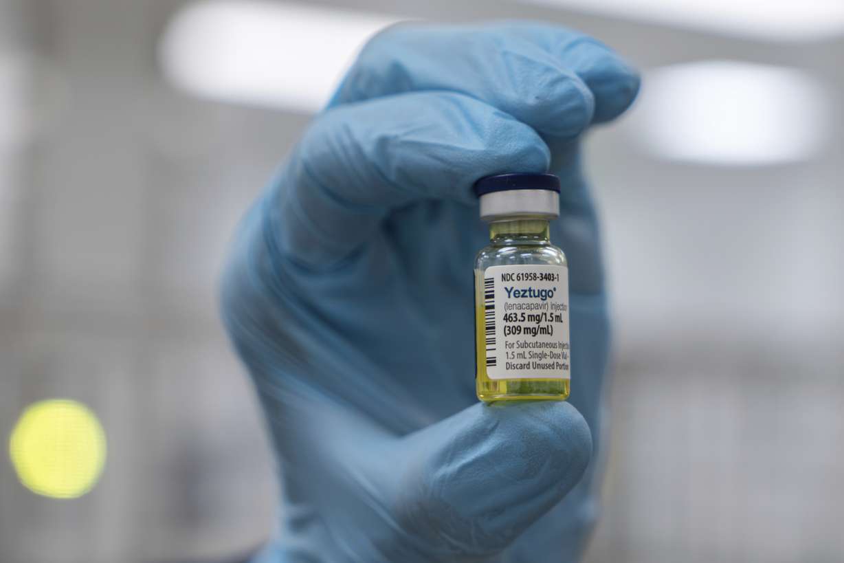 A vial of Gilead Sciences' HIV prevention medication, Yeztugo, at a manufacturing facility in La Verne, Calif., this month. The company said the drug's U.S. list price would be at $28,218 a year.