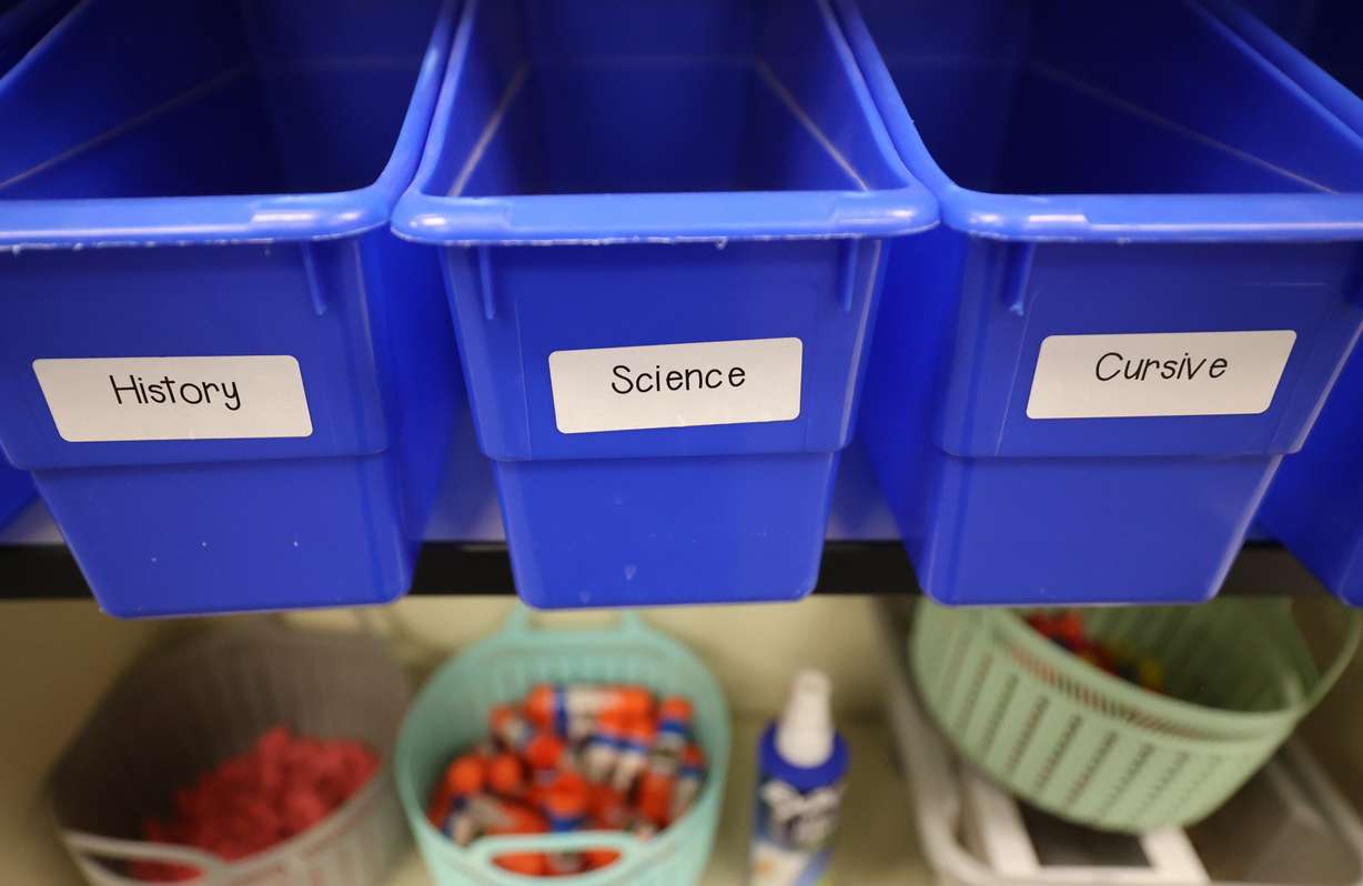 Supplies and bins are pictured in a classroom at the American Preparatory Academy Draper 1 campus in Draper on Wednesday. The Legislature's Education Interim Committee members visited the facility on Wednesday.
