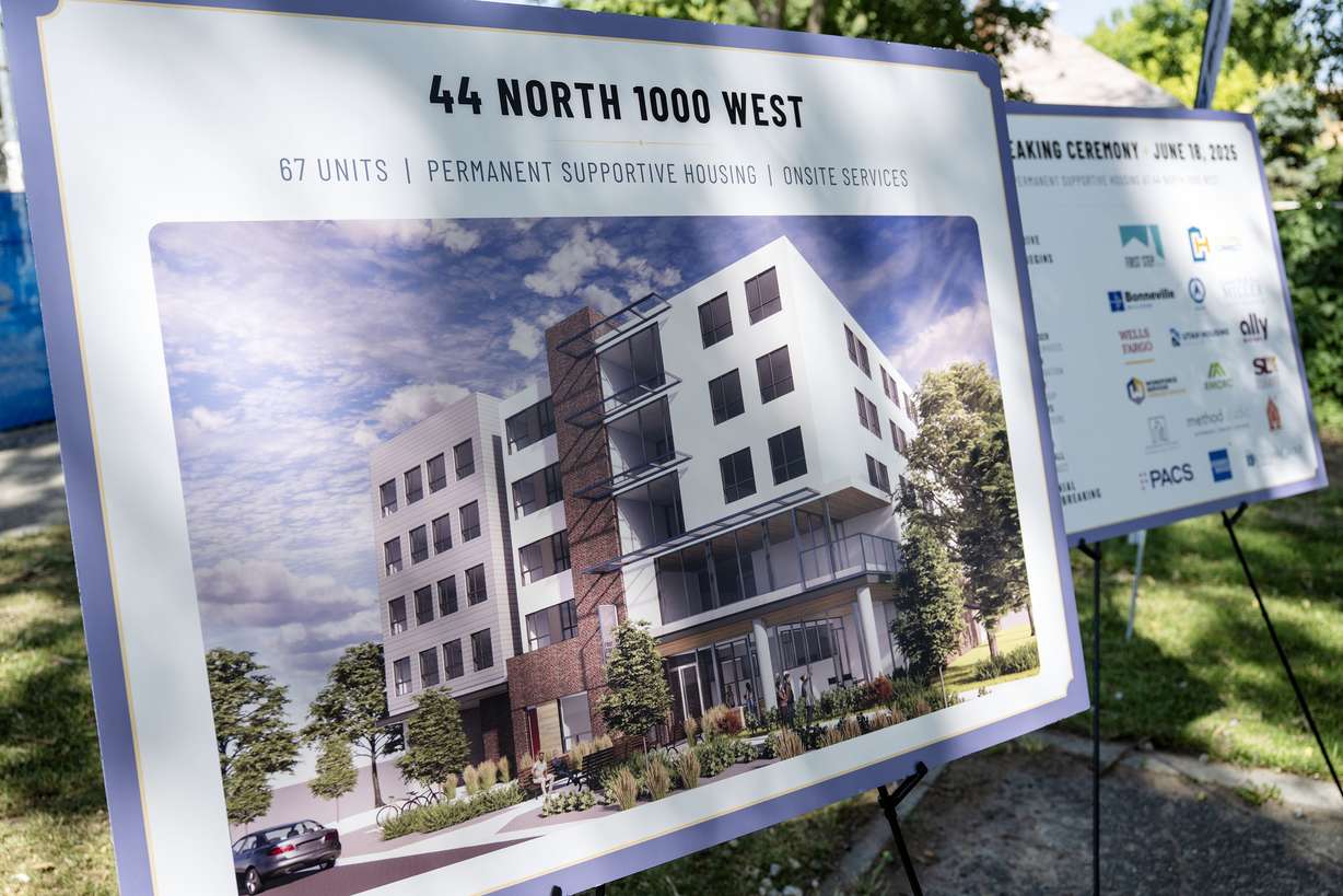 An artist’s rendering of the project is shown as Housing Connect and First Step House hold a ceremonial groundbreaking of 44 North, an affordable housing development in Salt Lake City, on Wednesday.