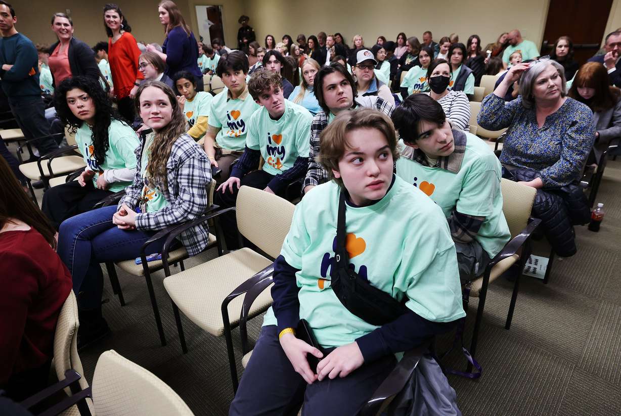 Juan Diego students wear “I love my Fit” shirts during a House Education Committee hearing about HB215 at the Capitol in Salt Lake City on Jan. 19, 2023.