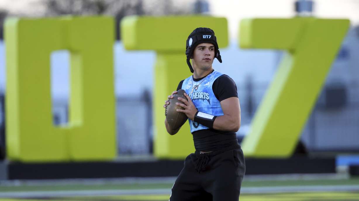 Cold Hearts quarterback Ryder Lyons (3) throws a pass against the City Reapers in an OT7 Football game Saturday, March 15, 2025 in Dallas.