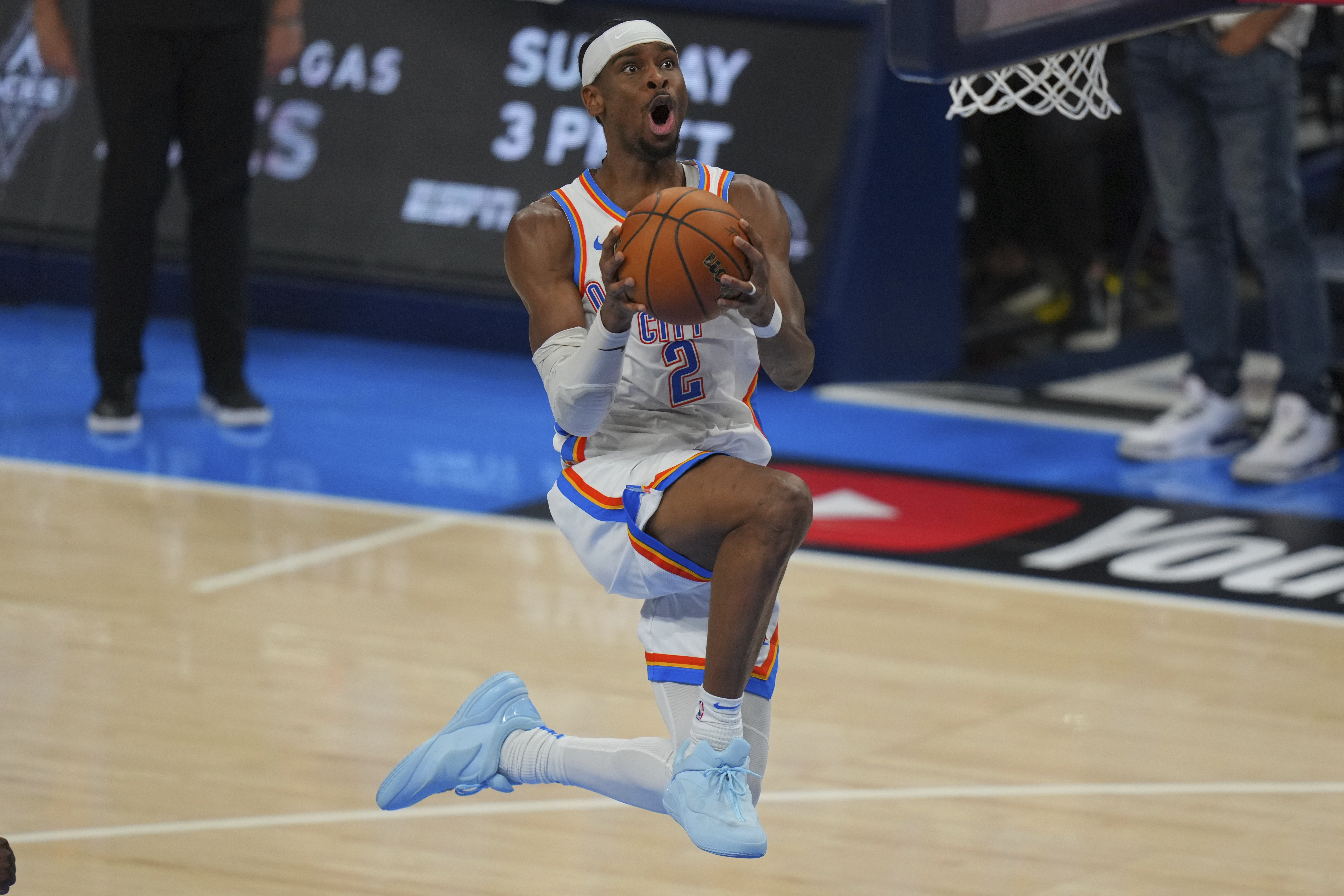 Oklahoma City Thunder guard Shai Gilgeous-Alexander does up to score against the Indiana Pacers during the second half of Game 5 of the NBA Finals basketball series, Monday, June 16, 2025, in Oklahoma City.