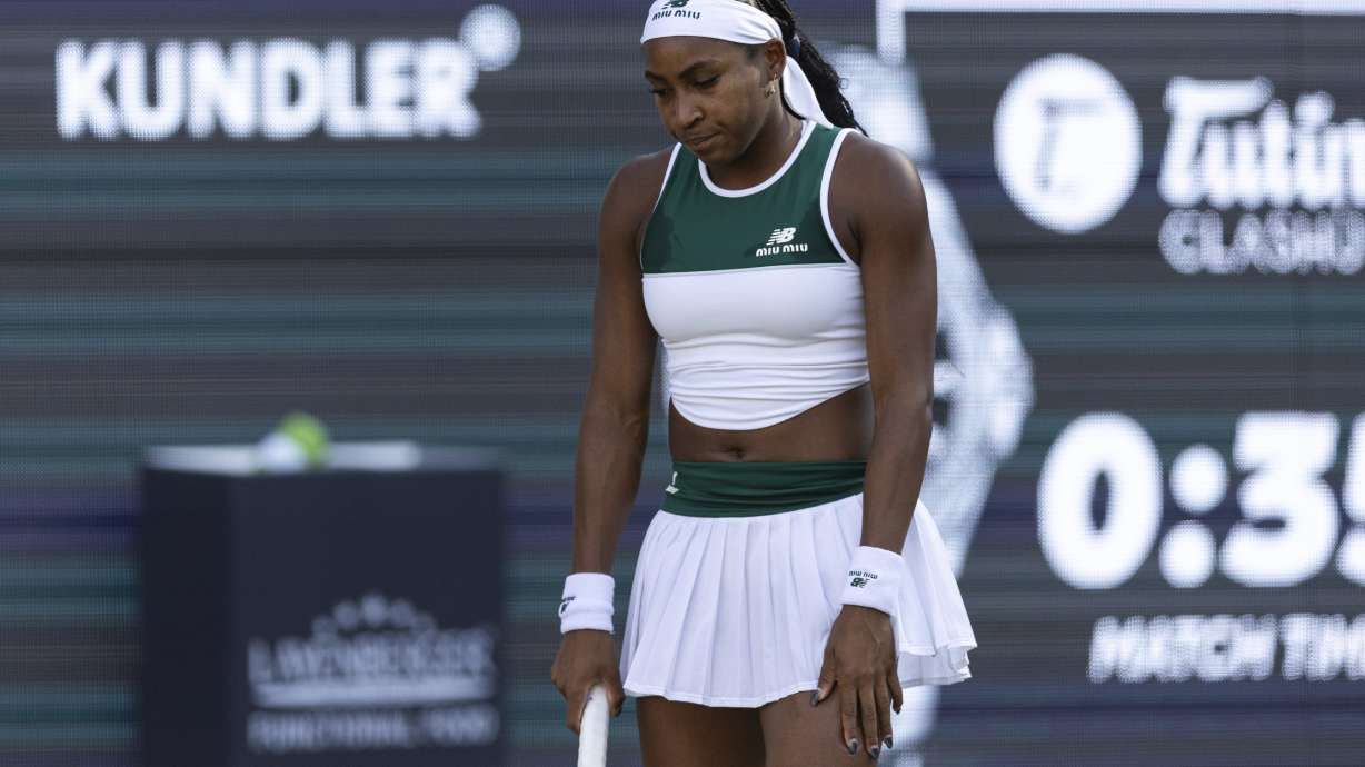 Coco Gauff of the United States reacts as she plays China's Xinyu Wang during the Berlin WTA tennis tournament in Berlin, Germany, Thursday, June 19, 2025.