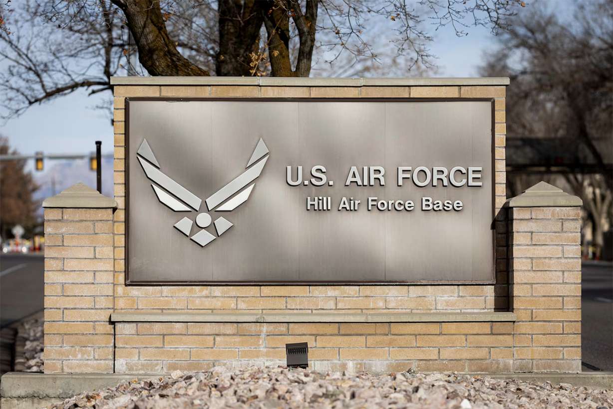 A sign stands at the south gate of Hill Air Force Base northeast of Clearfield on Dec. 11, 2024.