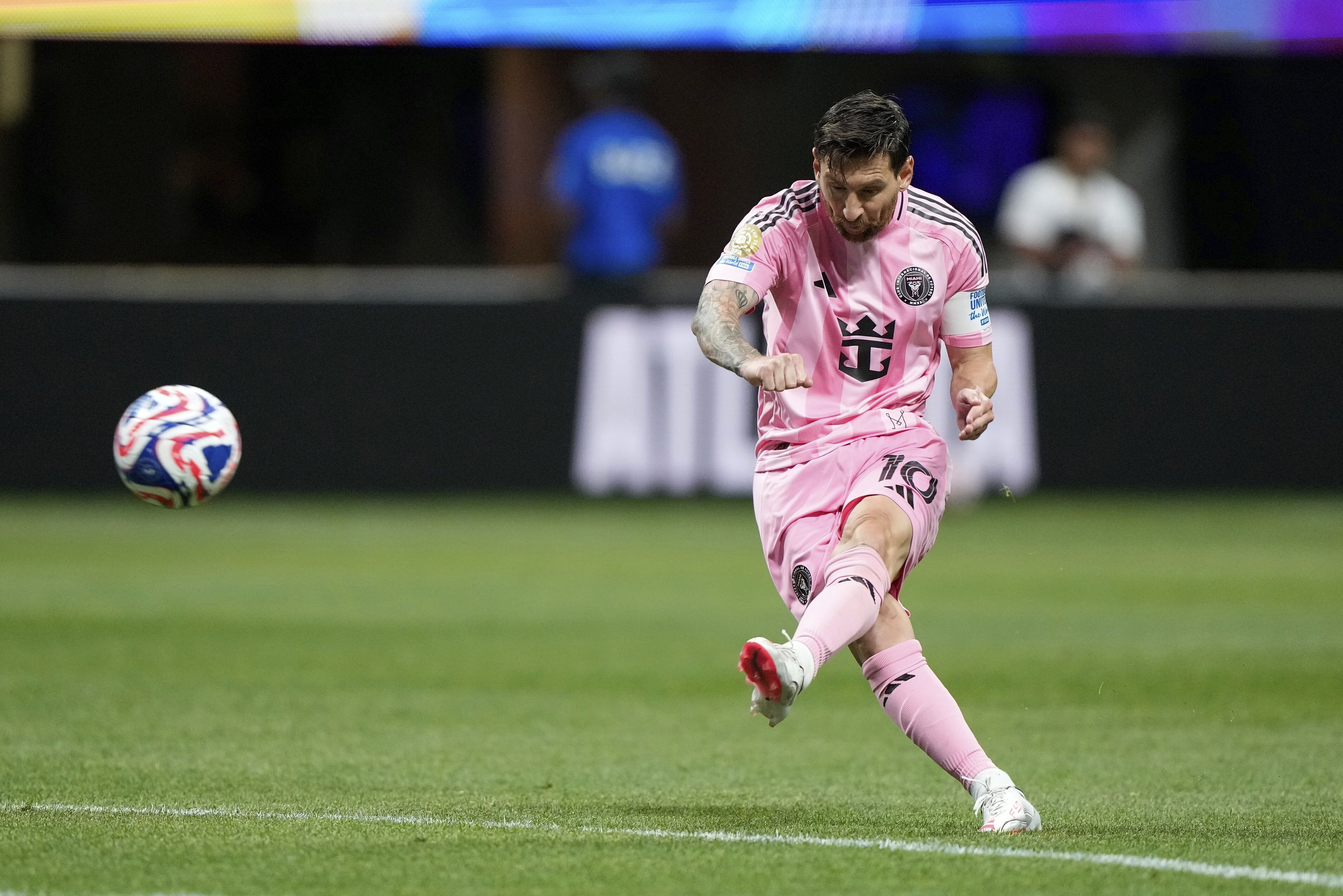 Inter Miami's Lionel Messi scores his side's second goal during the Club World Cup group A soccer match between Inter Miami and FC Porto in Atlanta, Thursday, June 19, 2025.