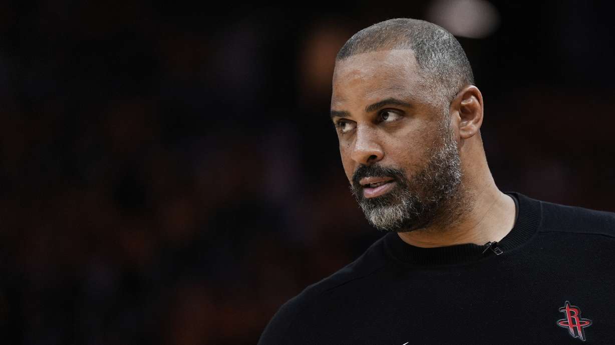 FILE - Houston Rockets head coach Ime Udoka watches during the second half of Game 6 of an NBA basketball first-round playoff series against the Golden State Warriors in San Francisco on May 2, 2025.