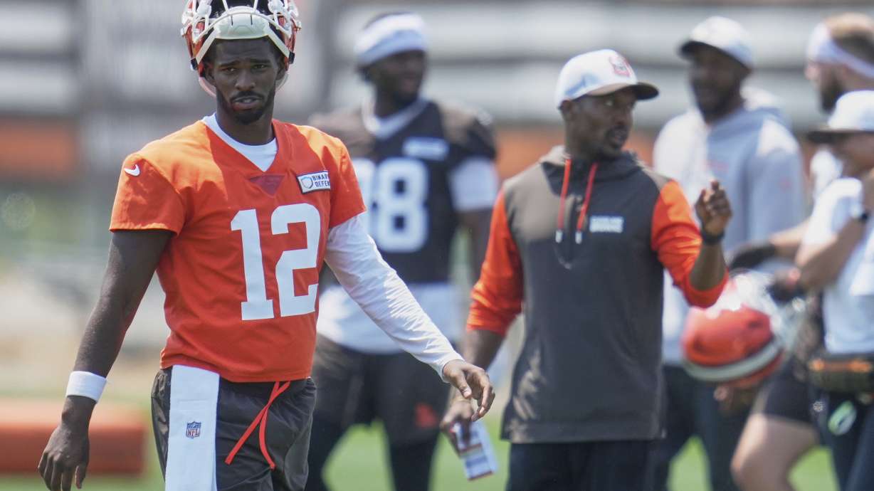 Cleveland Browns quarterback Shedeur Sanders (12) at NFL football minicamp in Berea, Ohio, Wednesday, June 11, 2025.