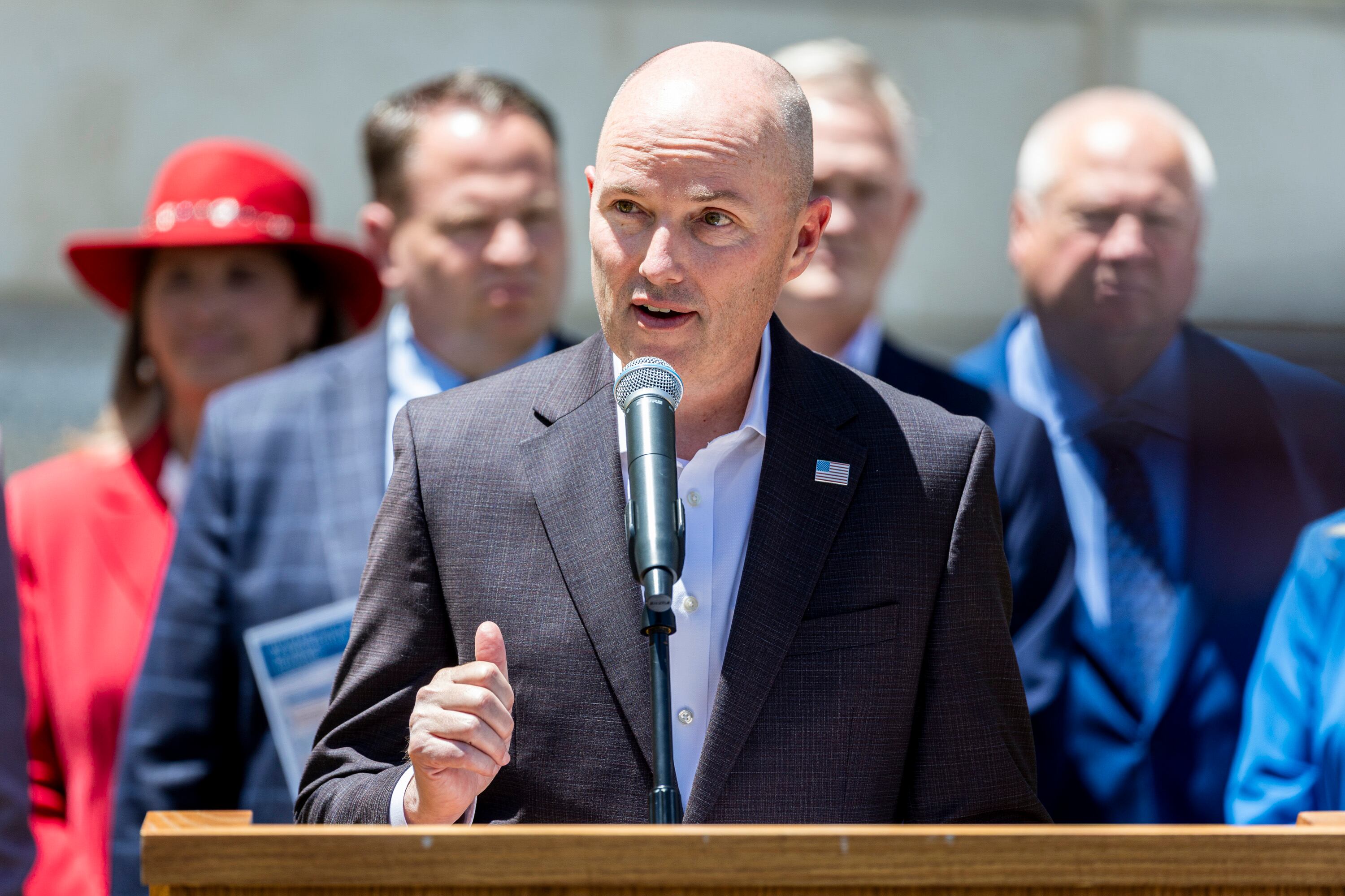 Gov. Spencer Cox speaks during a press conference at the Governor's Mansion in Salt Lake City on May 29. Cox continues to enjoy majority support among registered voters in the state, according to a new poll.