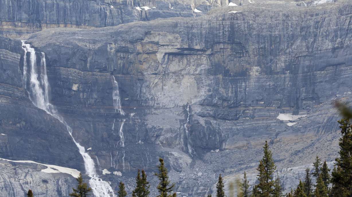 A rock slide, center, is seen near Bow Glacier Falls, north of Lake Louise, Alta, in Banff National Park, Canada, on Thursday.