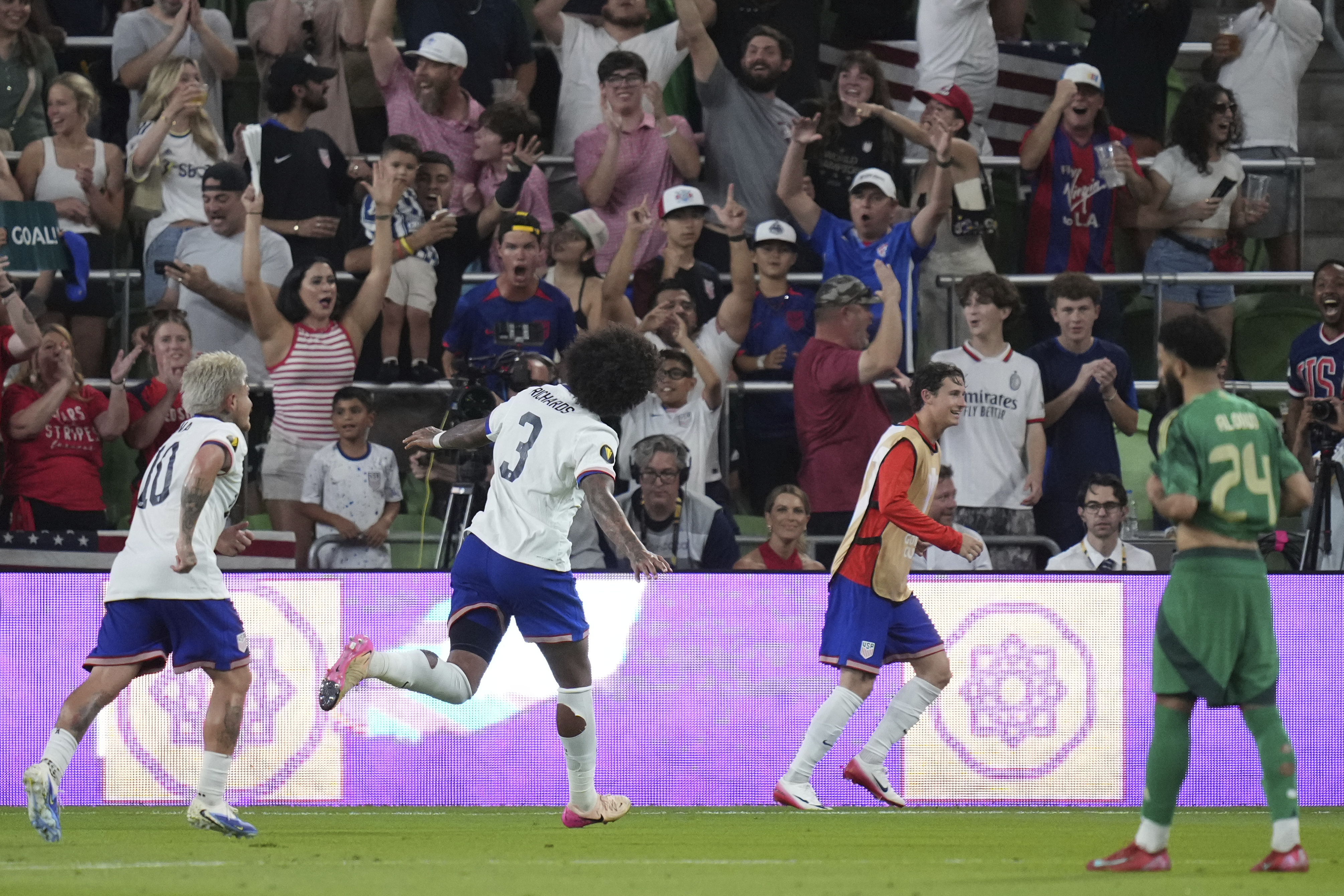 United States' Chris Richards (3) celebrates his goal against Saudi Arabia during a CONCACAF Gold Cup soccer match, Thursday, June 19, 2025, in Austin, Texas.