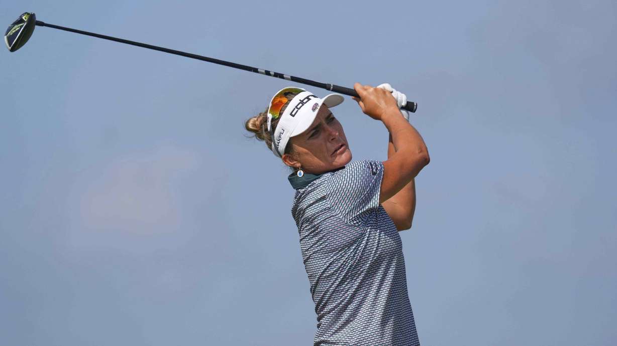 Lexi Thompson watches her tee shot on the sixth hole during the second round of the Women's PGA Championship golf tournament Friday, June 20, 2025, in Frisco, Texas.