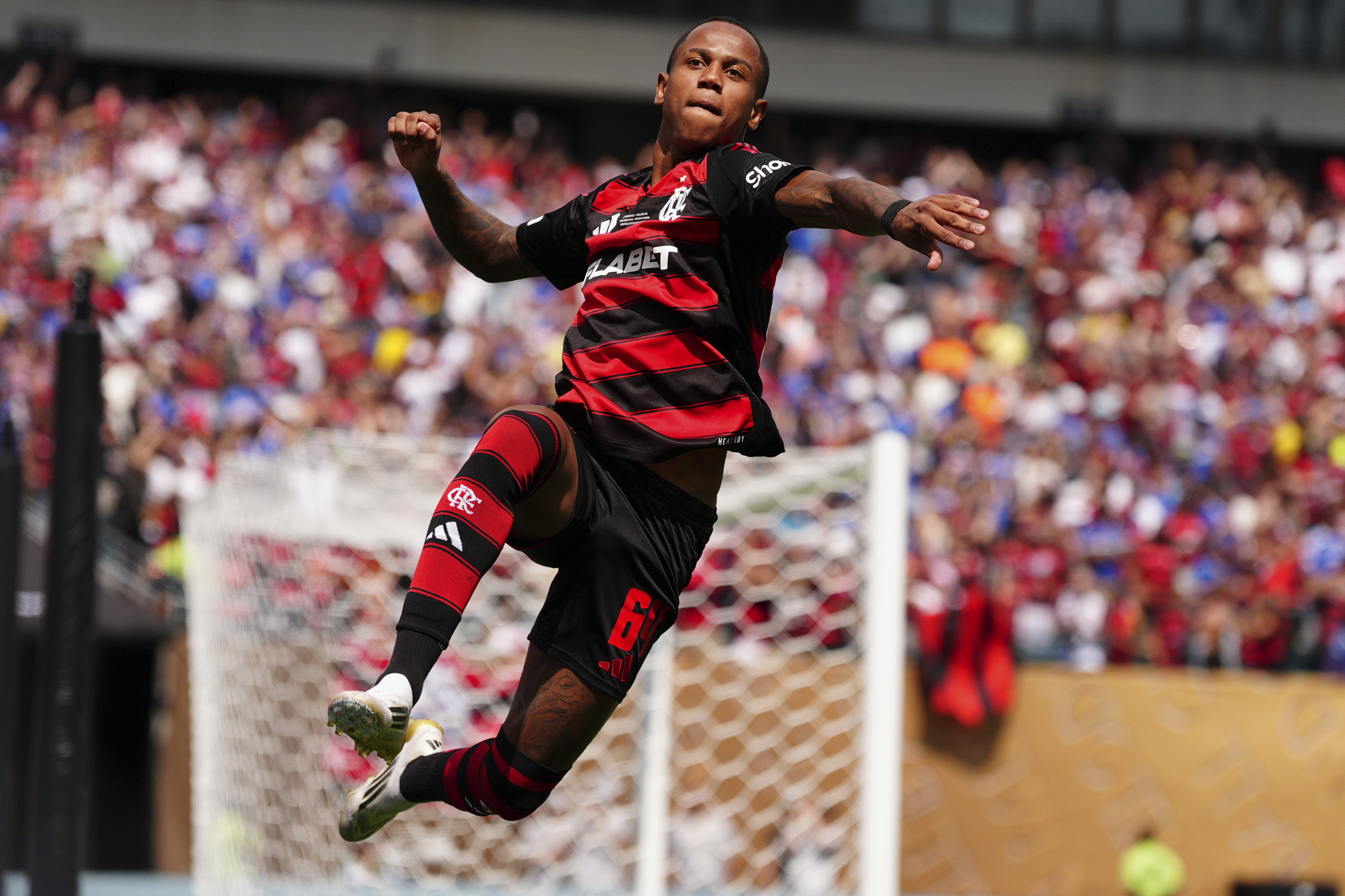 Flamengo's Wallace Yan celebrates after scoring during the Club World Cup Group D soccer match between Flamengo and Chelsea in Philadelphia, Friday, June 20, 2025.