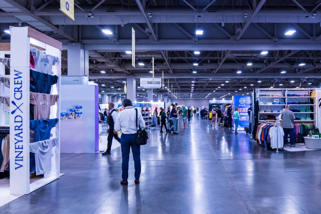 Vendor booths are set up for Outdoor Retailer at the Salt Palace Convention Center in Salt Lake City on Thursday