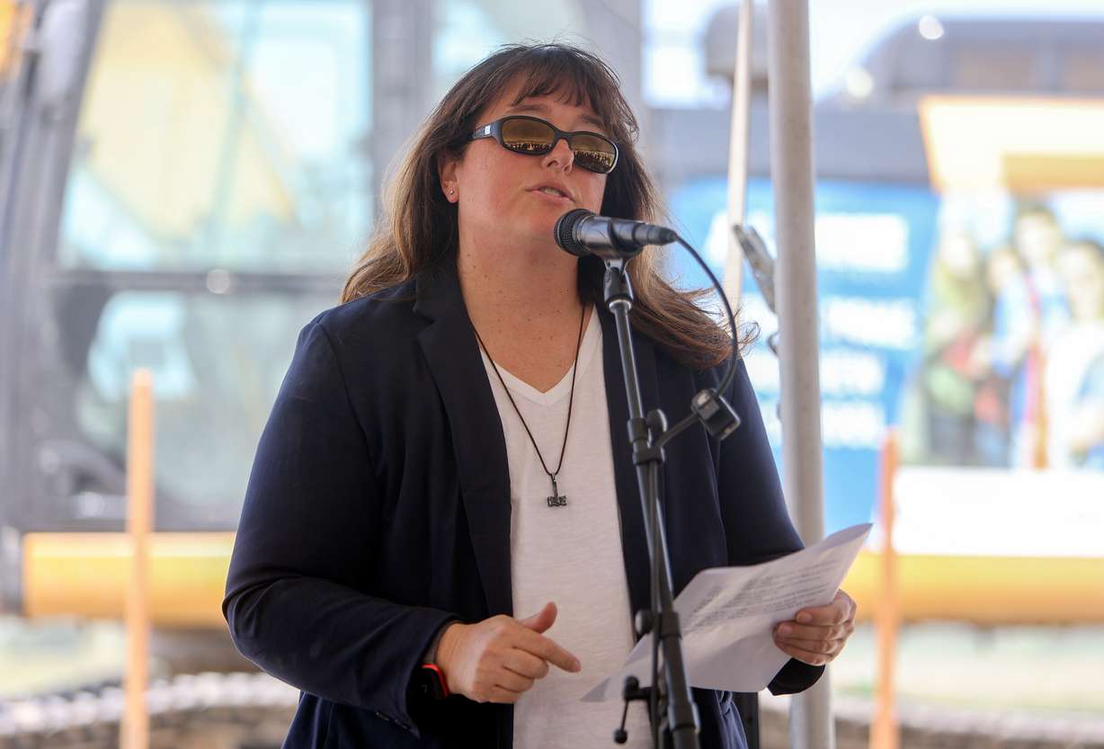 Julie King, Alpine School District Board of Education member, speaks at a groundbreaking ceremony for a new high school in Saratoga Springs on Friday.