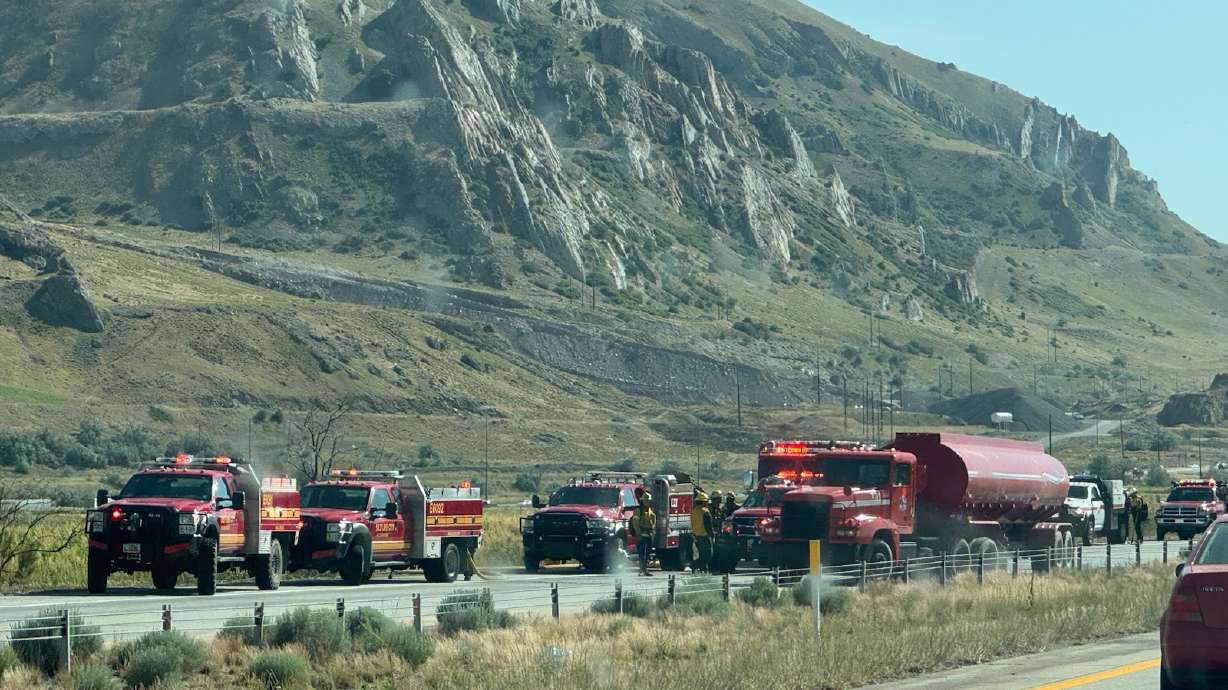 A wildfire burning south of I-80 near Magna shut down the freeway to traffic in both directions on Friday evening.