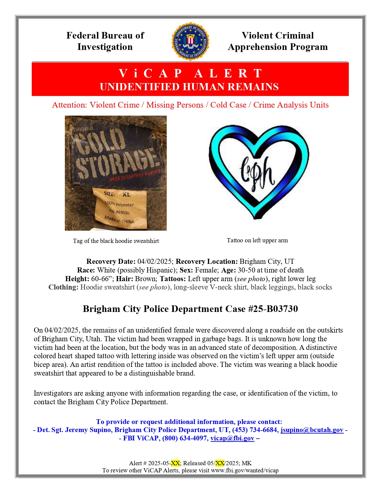 Brigham City police are seeking the public's help to identify a woman whose body was found near a construction site in April.