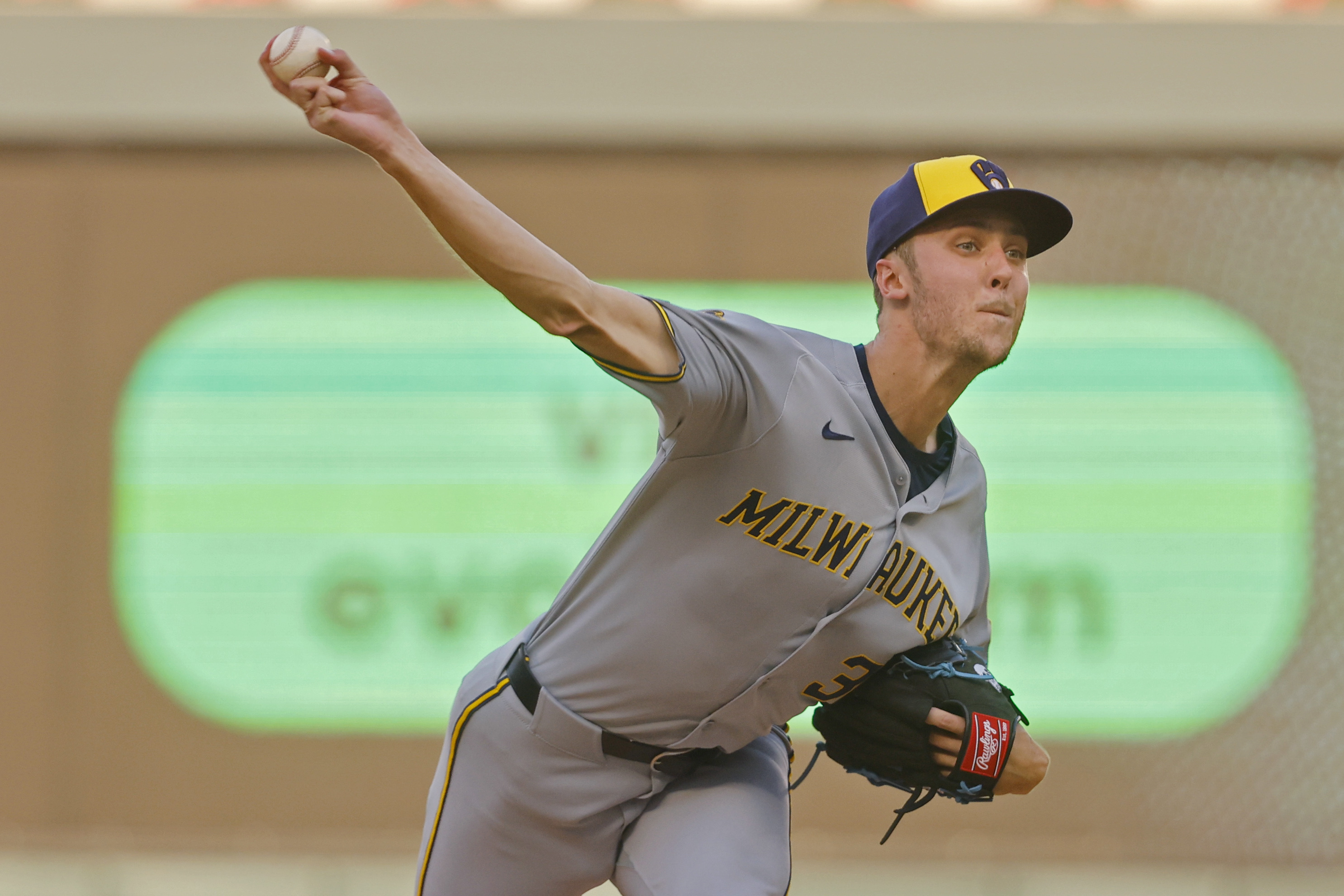 Milwaukee Brewers starting pitcher Jacob Misiorowski throws to the Minnesota Twins in the first inning of a baseball game Friday, June 20, 2025, in Minneapolis.