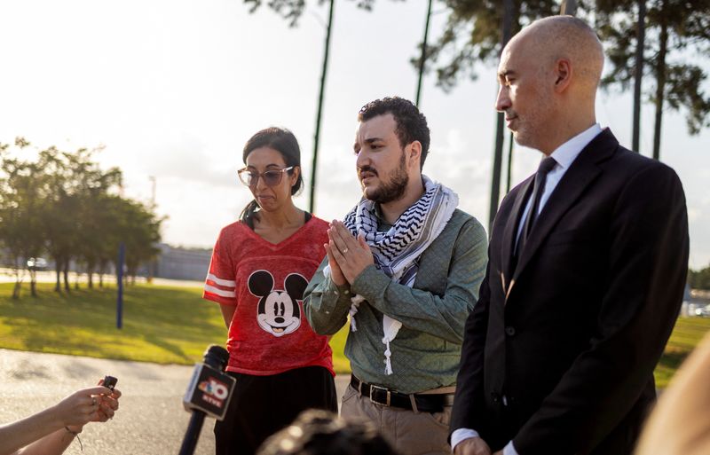 Columbia University graduate Mahmoud Khalil speaks to the media after being released from immigration custody in Jena, Louisiana, Friday. Khalil said that his time in immigration custody changed him.