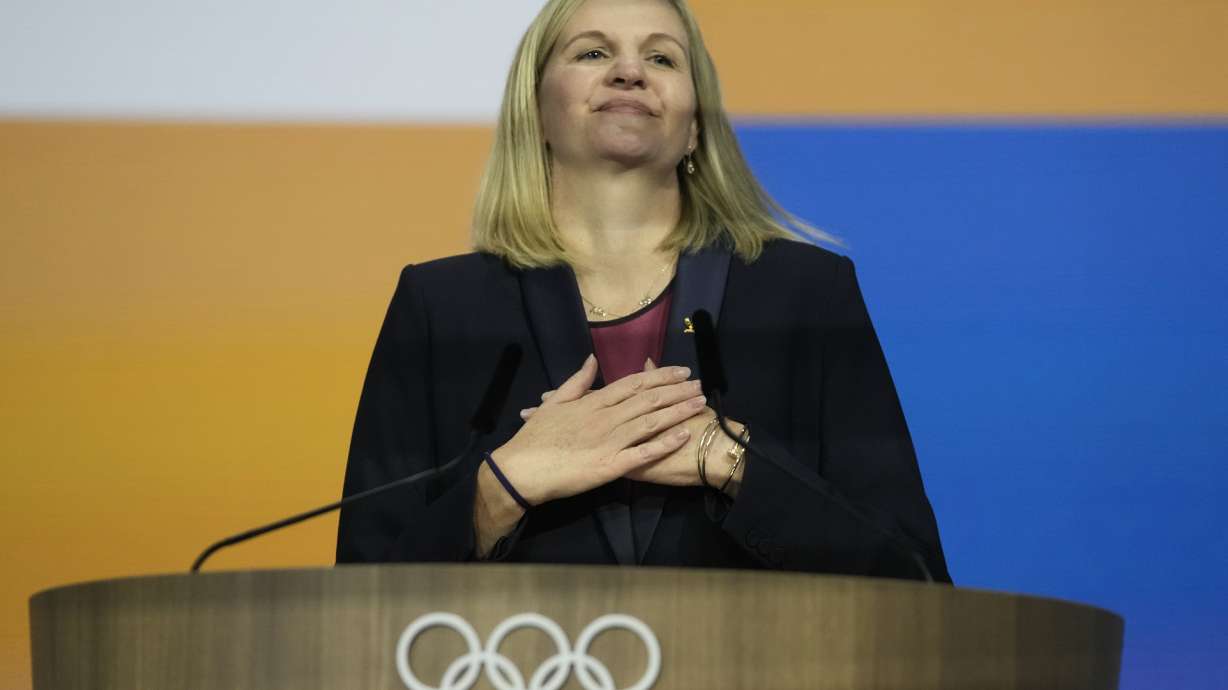 FILE -Kirsty Coventry reacts after she was announced as the new IOC President at the International Olympic Committee 144th session in Costa Navarino, western Greece, March 20, 2025. , File)