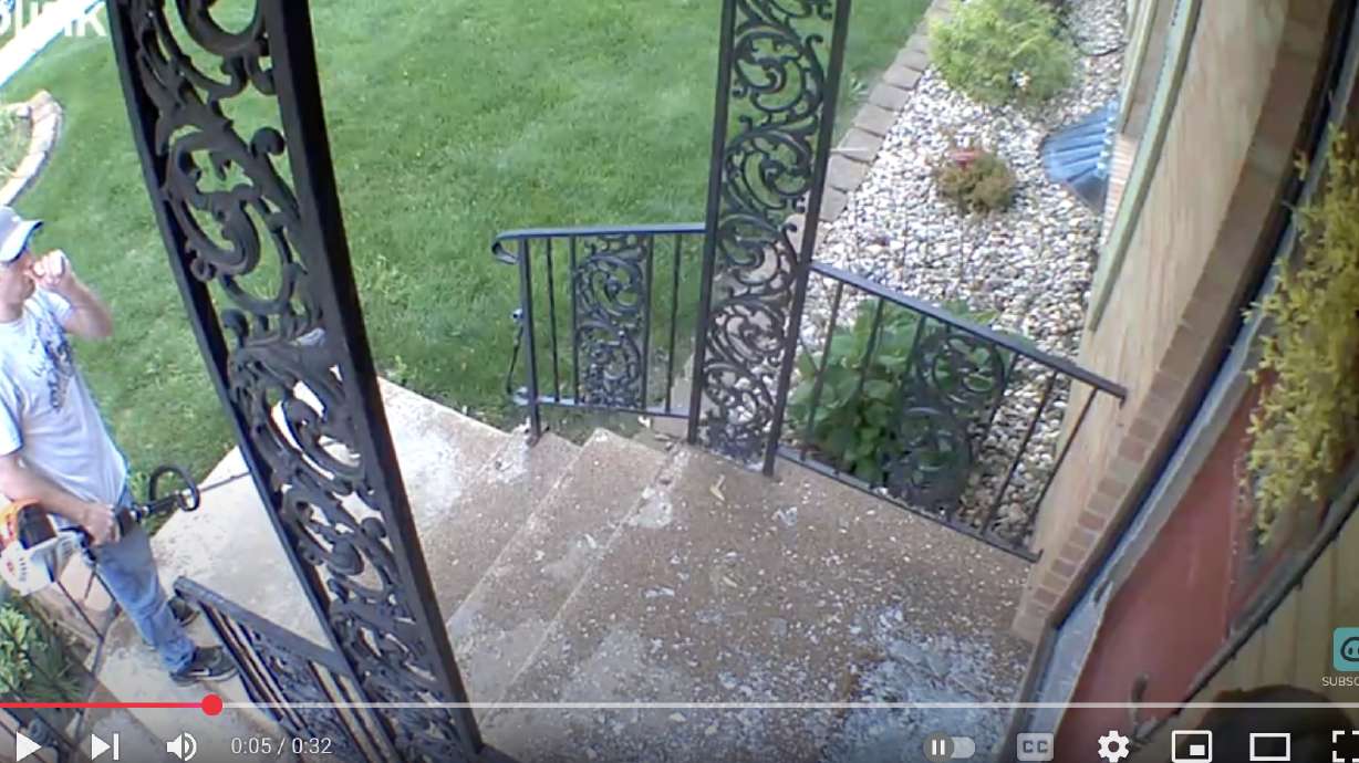 In this video, a rock thrown from a weed whacker does serious damage.