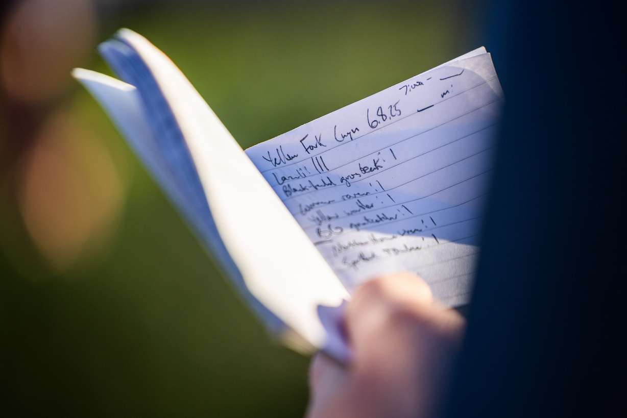 An attendee tracks their bird sightings in a notebook during a Great Salt Lake Audubon society bird walk at Yellow Fork Canyon in Herriman on June 8.