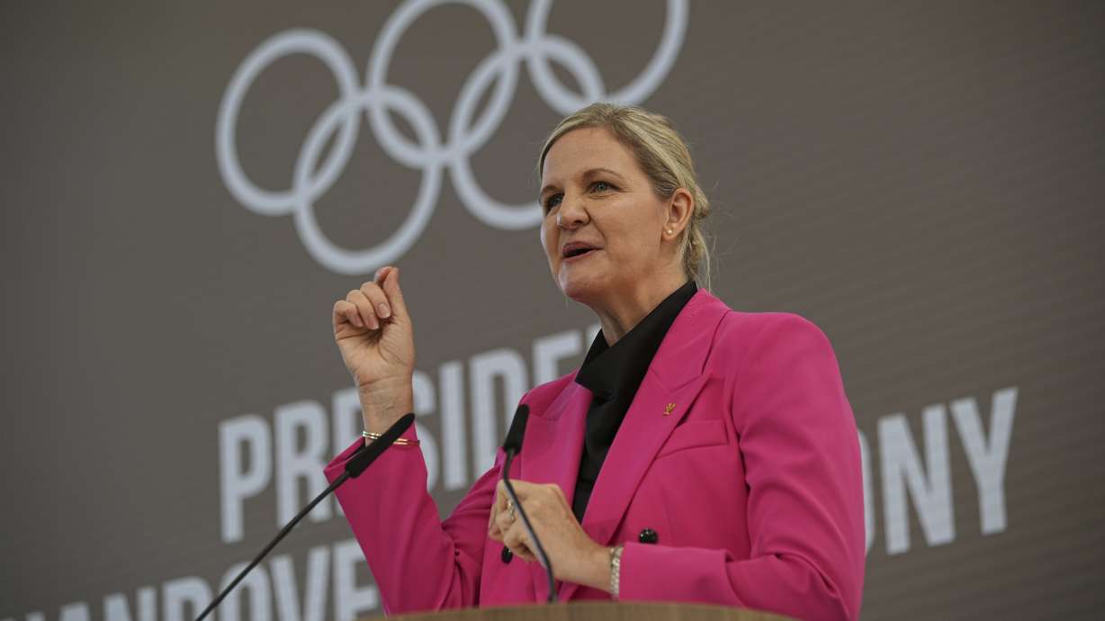 President-elect Kirsty Coventry speaks during the handover ceremony of the IOC Presidency at Olympic House in Lausanne, Switzerland, Monday, June 23, 2025.
