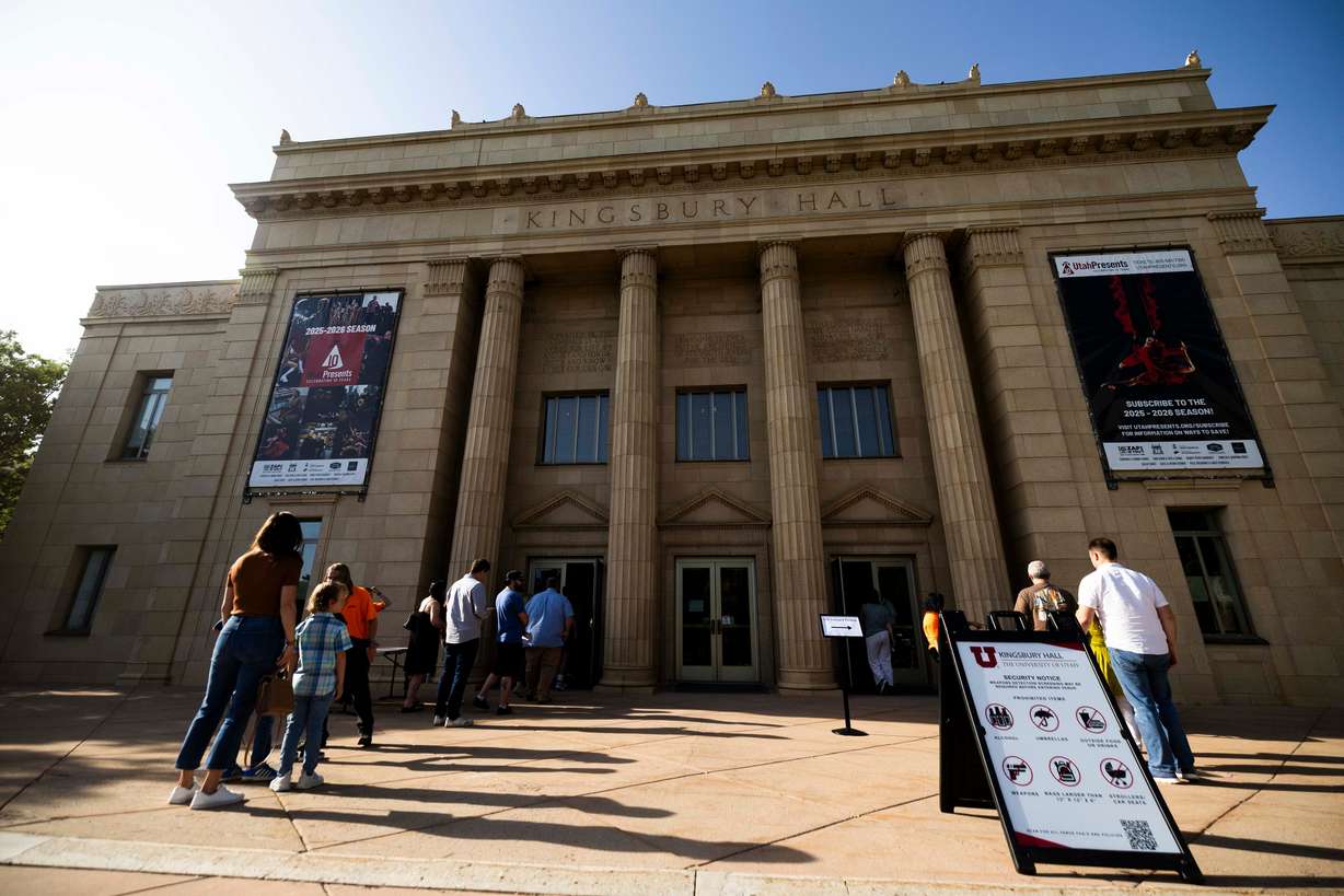 People line up to enter a 40th anniversary screening of "The Goonies" and discussion with actor Sean Astin at Kingsbury Hall on the campus of the University of Utah in Salt Lake City on Saturday.