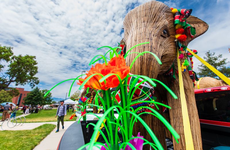 An elephant sculpture part of the The Great Elephant Migration is displayed on the back of a pickup truck parked at Warm Springs Park in Salt Lake City on Monday. - Carter Williams, KSL.com