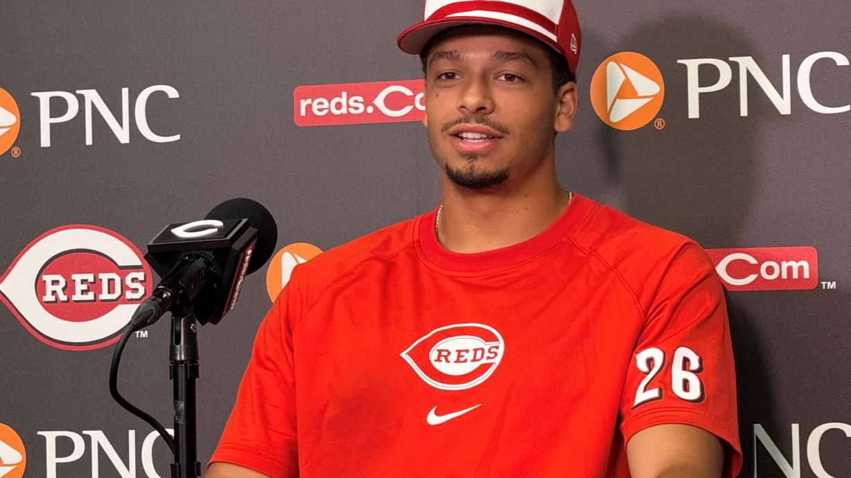 Cincinnati Reds pitcher Chase Burns speaks to the media at Great American Ball Park before a game against the New York Yankees, Monday, June 23, 2025, in Cincinnati, Ohio.