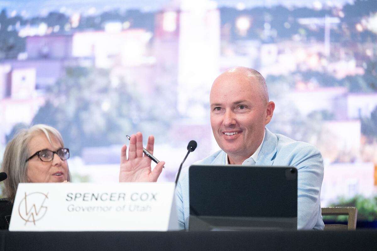 Utah Gov. Spencer Cox, vice chairman of the Western Governors Association, speaks during a meeting of the Western Governors Association in Santa Fe, N.M., on Monday.