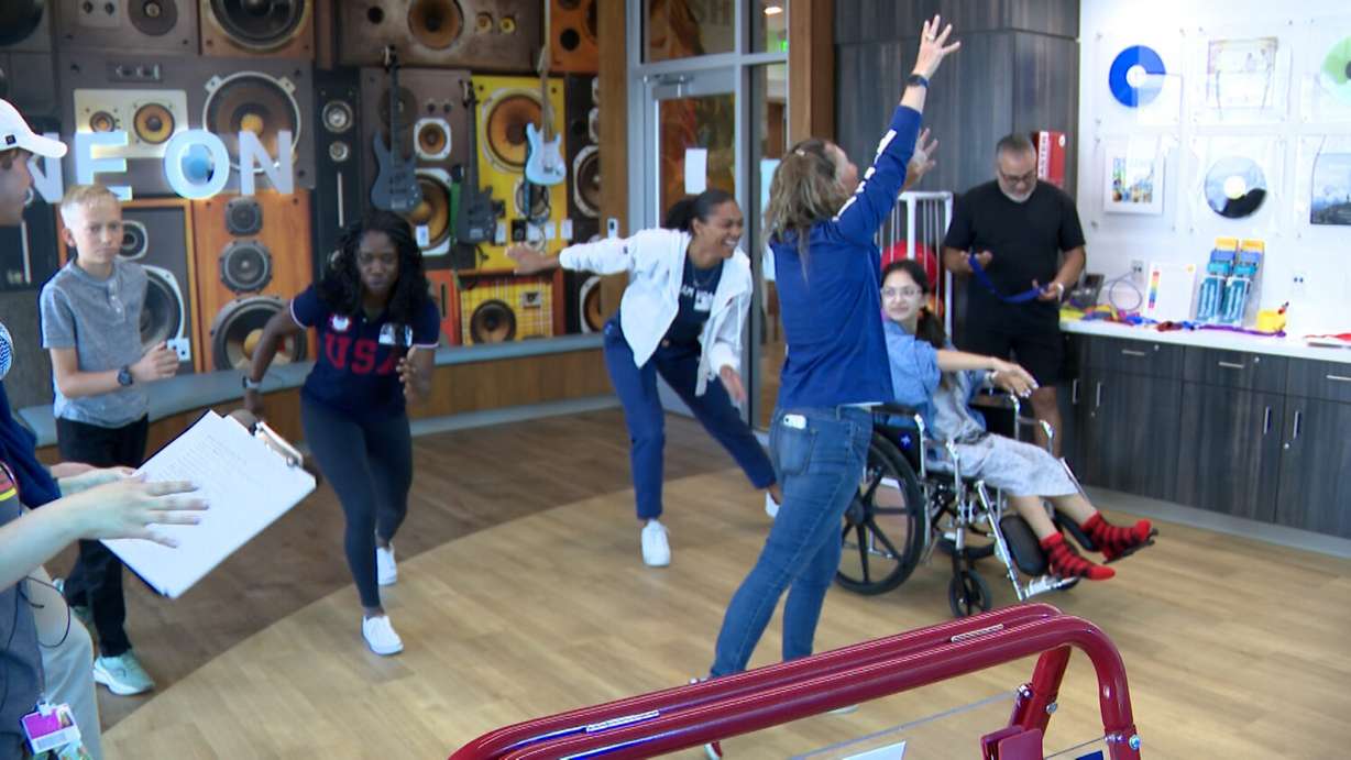 Olympians play games with kids at Primary Children’s Hospital in Lehi.