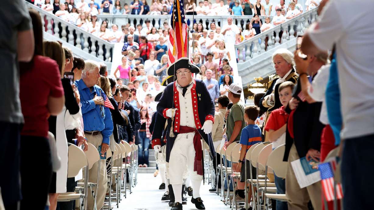 Utah Society Sons of the American Revolution present the flag at the Founders of America and Constitution Month Kick-Off at the Capitol in Salt Lake City, Aug. 29, 2024.