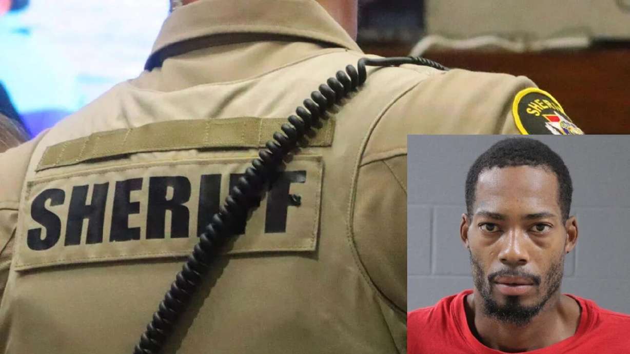 Background photo shows a Washington County Sheriff's deputy in Hurricane, Utah; overlay booking photo shows Elton Castine, 34, of Reno, Nev., after he was arrested during a traffic stop in St. George, Oct. 16, 2024.