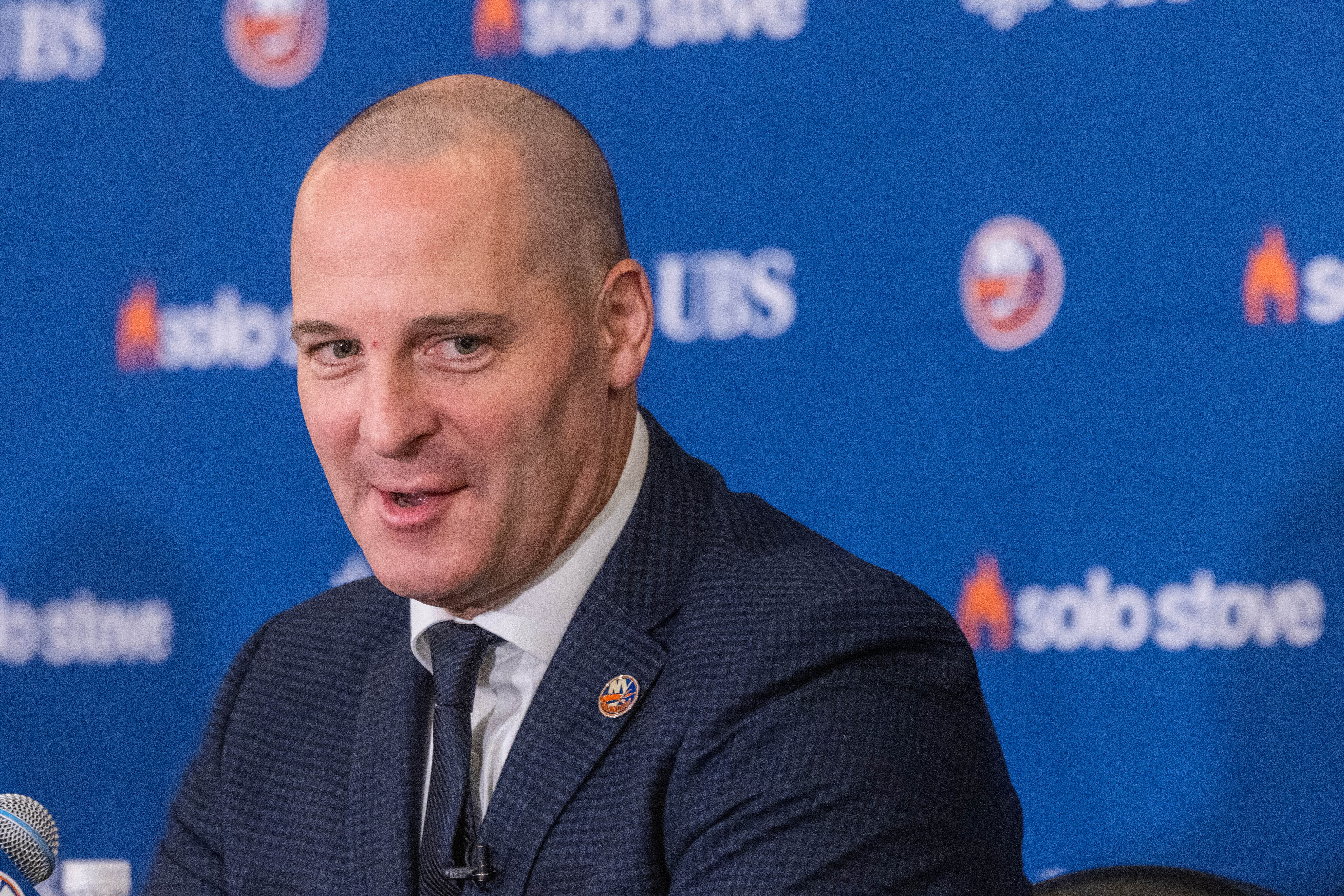 Mathieu Darche speaks as he is introduced as the new General Manager of the New York Islanders at UBS Arena in Elmont, N.Y., Thursday, May 29, 2025.