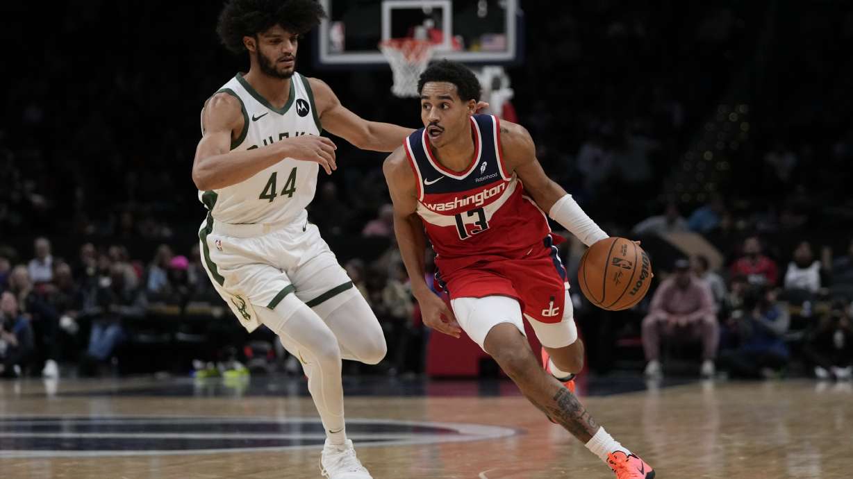 FILE - Milwaukee Bucks guard Andre Jackson Jr. (44) and Washington Wizards guard Jordan Poole (13) in action during the second half of an NBA basketball game in Washington, Nov. 20, 2023.