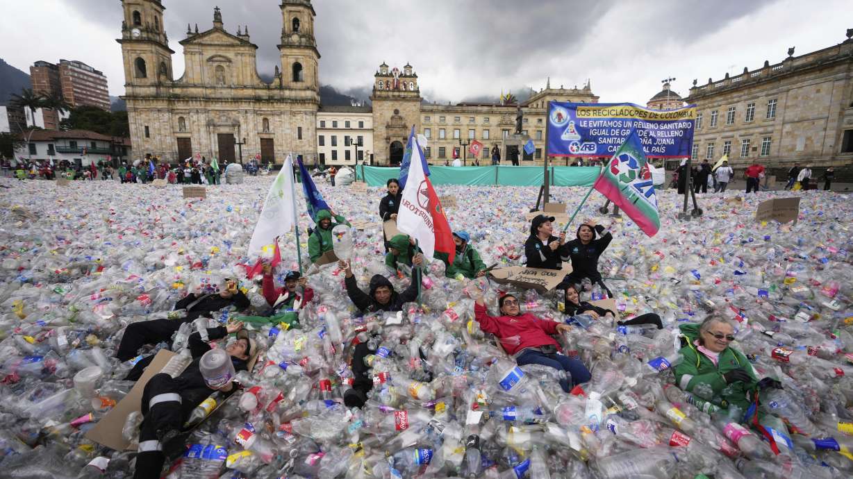 Recyclers lay on plastic bottles blanketing Plaza Bolivar in Bogota, Colombia, as part of a protest against what recyclers consider to be too low a price paid to them by companies that buy recycled materials, Tuesday.