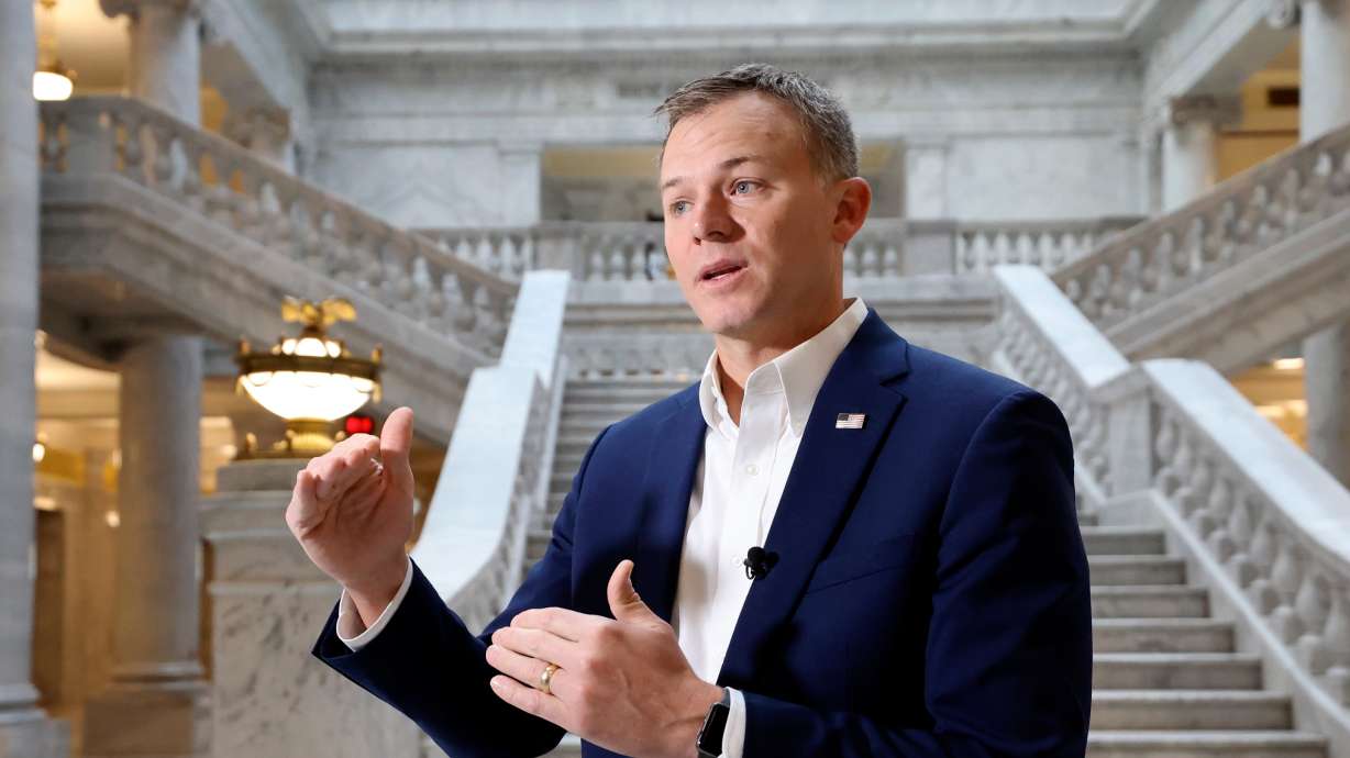 Rep. Blake Moore, R-Utah, at the Capitol in Salt Lake City on Jan. 3, 2024. Moore said President Donald Trump had authority to order the strikes on Iran when asked about U.S. involvement in the Israel-Iran conflict during a telephone town hall Tuesday.