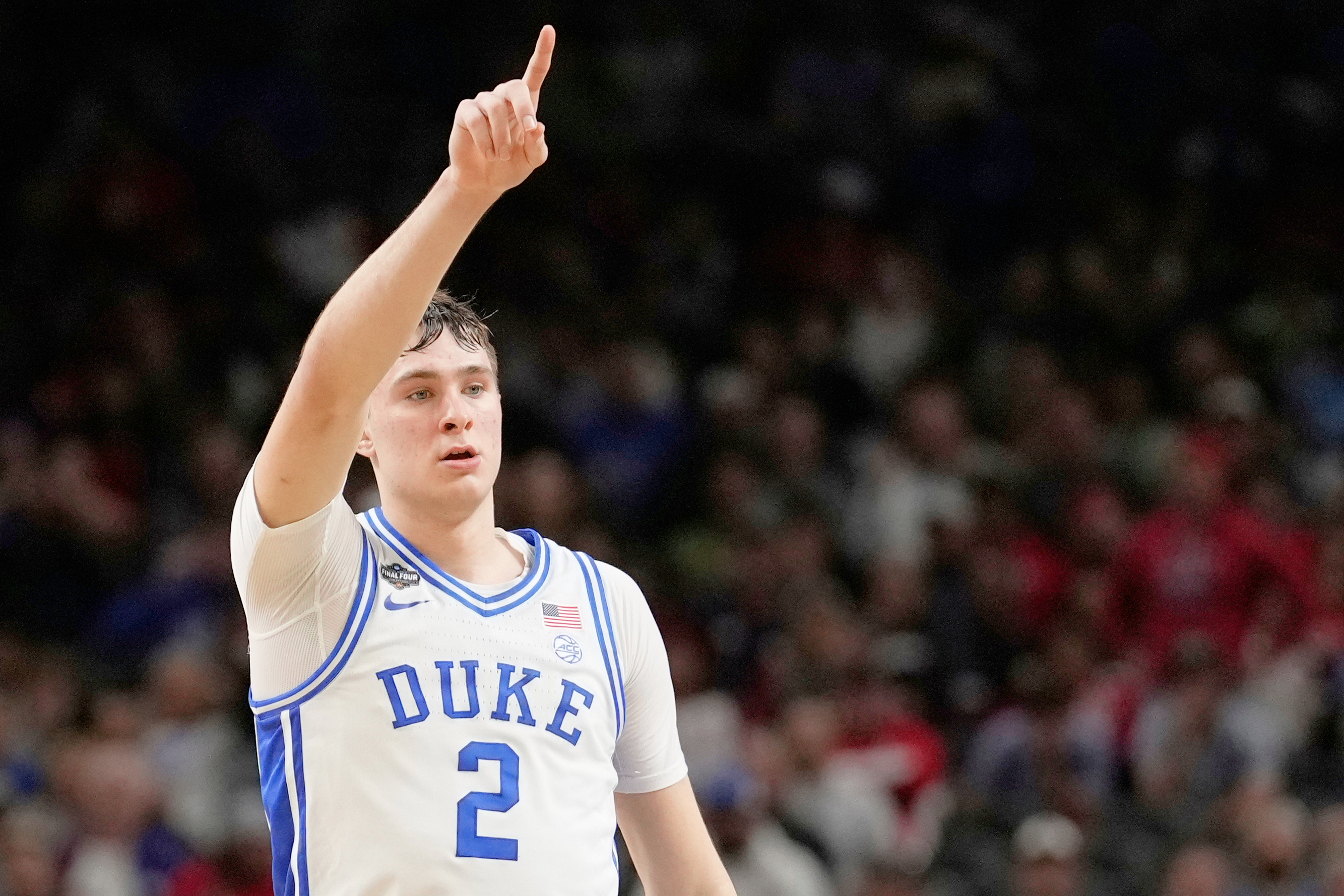FILE - Duke forward Cooper Flagg celebrates after scoring against the Houston during the second half in the national semifinals at the Final Four of the NCAA college basketball tournament, Saturday, April 5, 2025, in San Antonio.