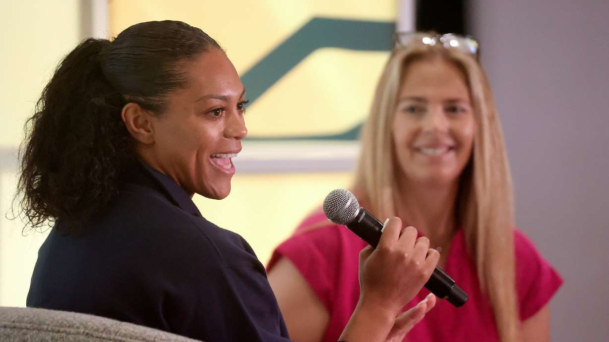 Olympic bobsledder Kaysha Love and Olympic skier Picabo Street speak at SALT Summit at the Salt Lake Marriott Downtown at City Creek in Salt Lake City on Tuesday. Love never forgets the first time she tried bobsledding just five years ago.