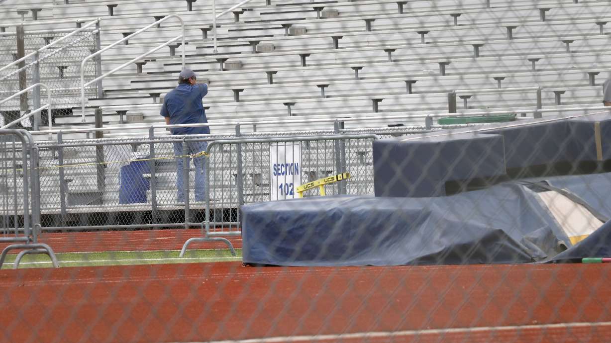 David Kuykendall Stadium's stand on Wednesday, April 2, 2025, in Frisco, Texas, after the District 11-5A track meet that was being held there was postponed after a Frisco Memorial athlete was stabbed and killed. (Chitose Suzuki/The Dallas Morning News via AP