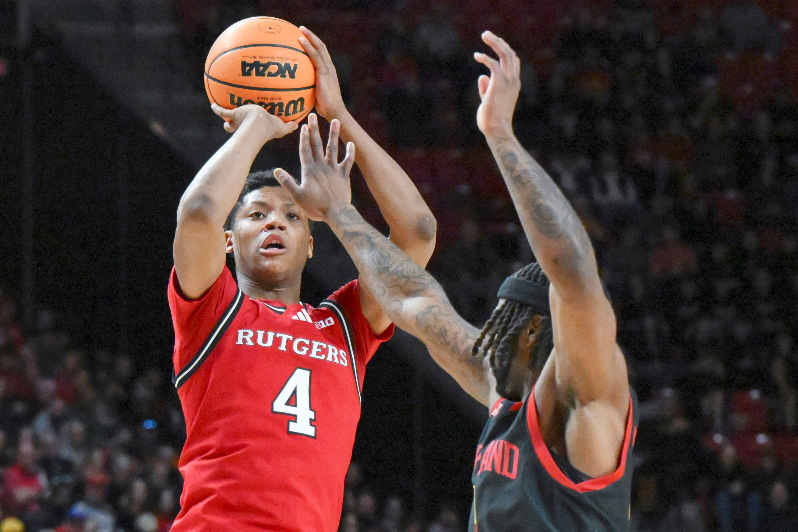 FILE - Rutgers guard Ace Bailey (4) shoots the ball against Maryland guard Selton Miguel during the first half of an NCAA college basketball game, Sunday, Feb. 9, 2025, in College Park, Md.
