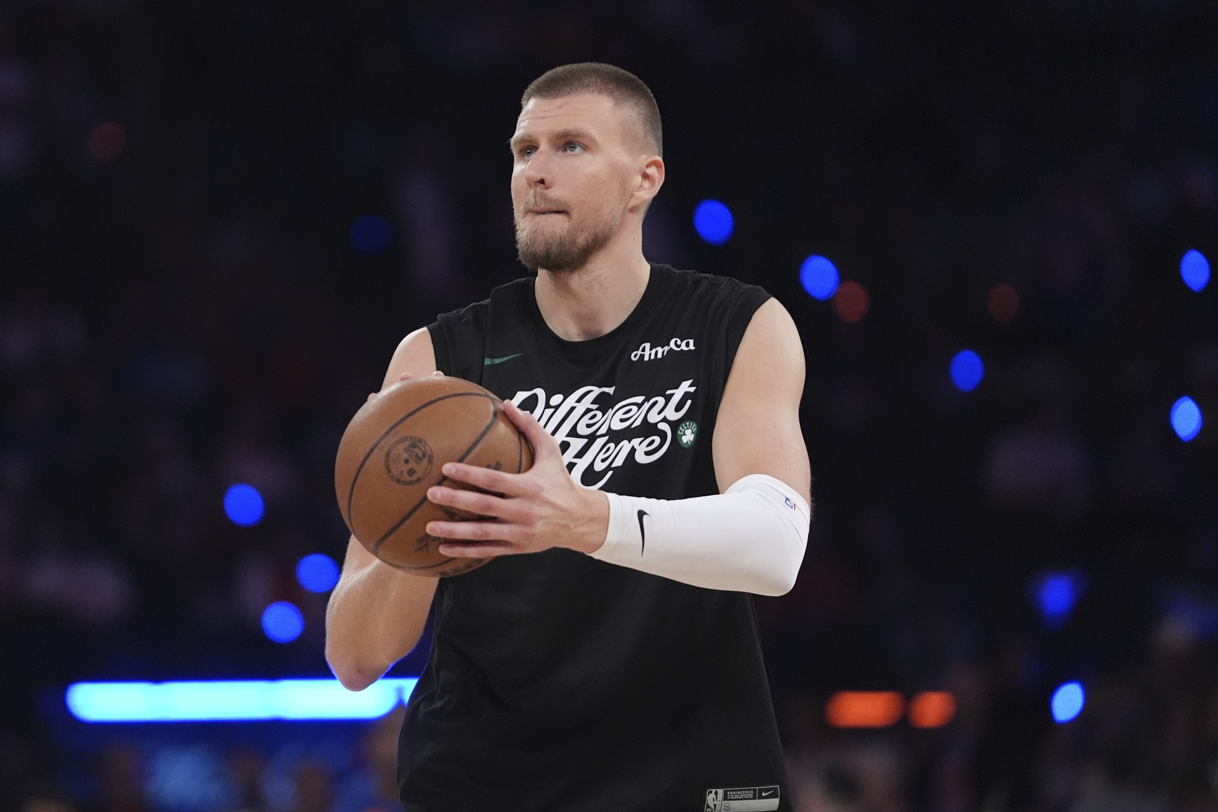 FILE - Boston Celtics' Kristaps Porzingis before Game 6 in the Eastern Conference semifinals of the NBA basketball playoffs between the New York Knicks and the Boston Celtics Friday, May 16, 2025 in New York.